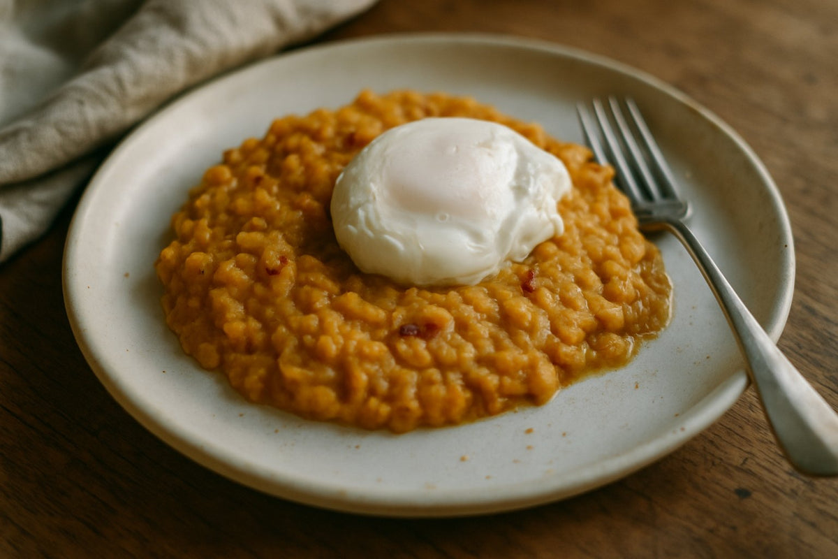 Linzencurry met gepocheerd ei