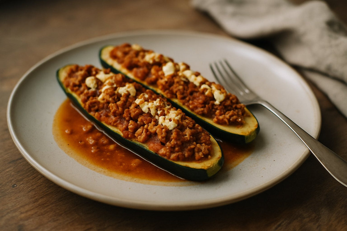Gevulde courgetteboten met kalkoengehakt en feta