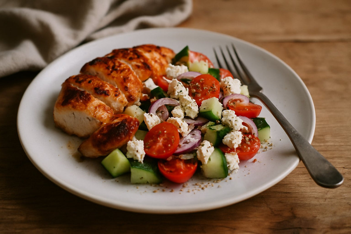 Griekse kipsalade met feta en komkommer