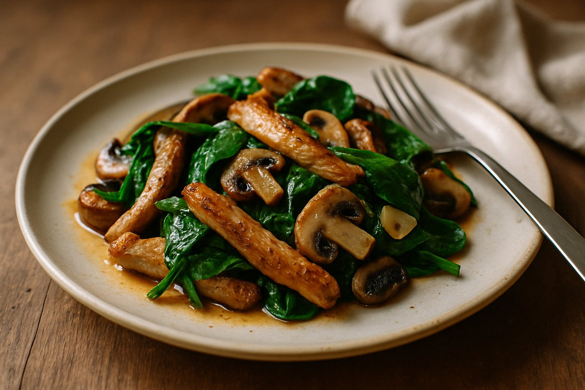 Warme kalkoensalade met spinazie en champignons
