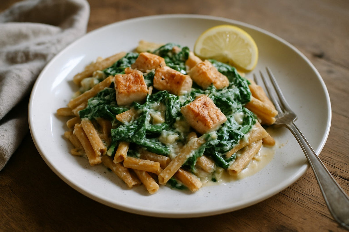 Kikkererwtenpasta met spinazie en zalm