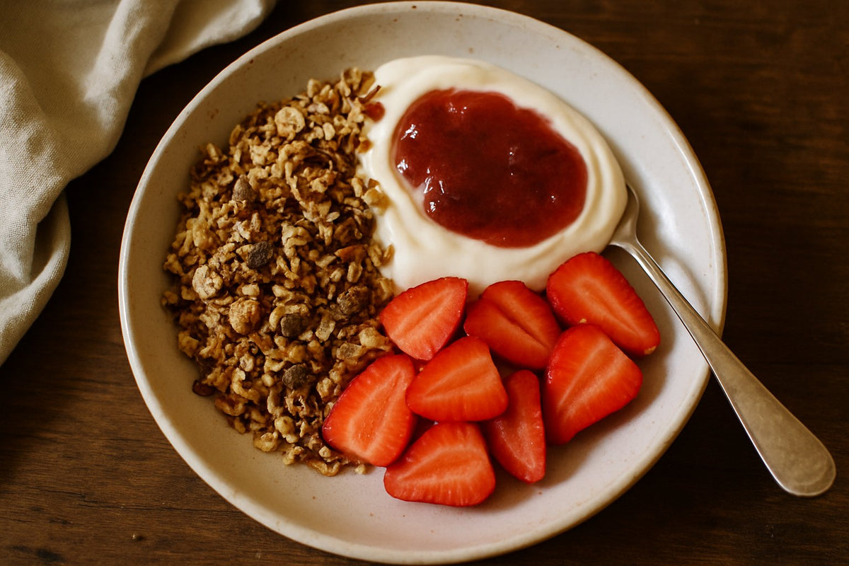 Muesli-bowl met kwark en aardbeienjam