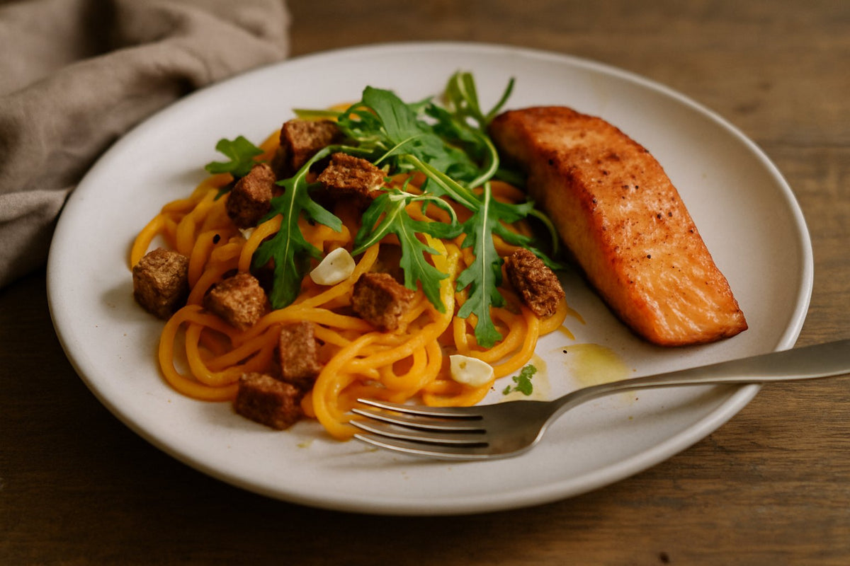 Pompoen-spaghetti met zalm