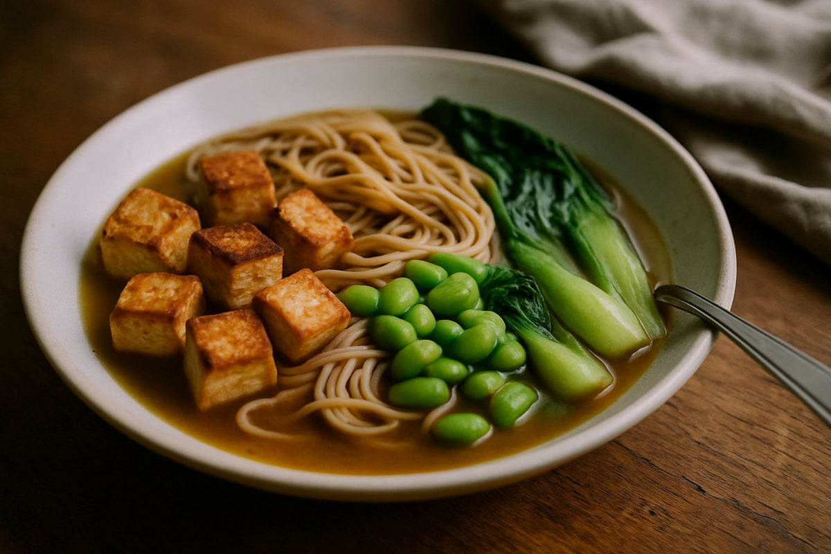 Miso-tofu ramen met edamame