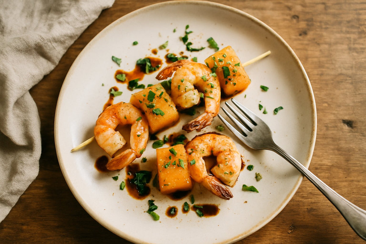 Mini-spiesjes garnaal en meloen met balsamico