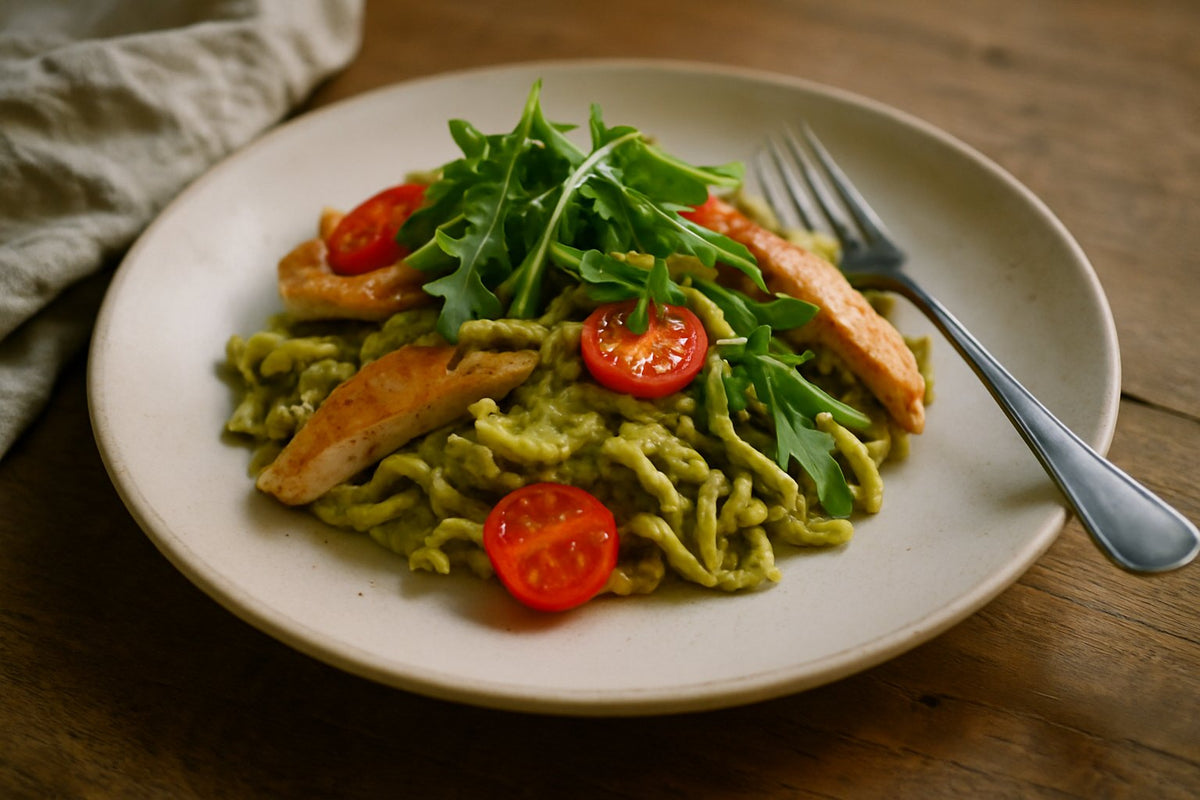Edamamepasta met pesto en kip