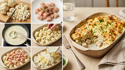 Bloemkoolgratin met kip en kruidenkaas