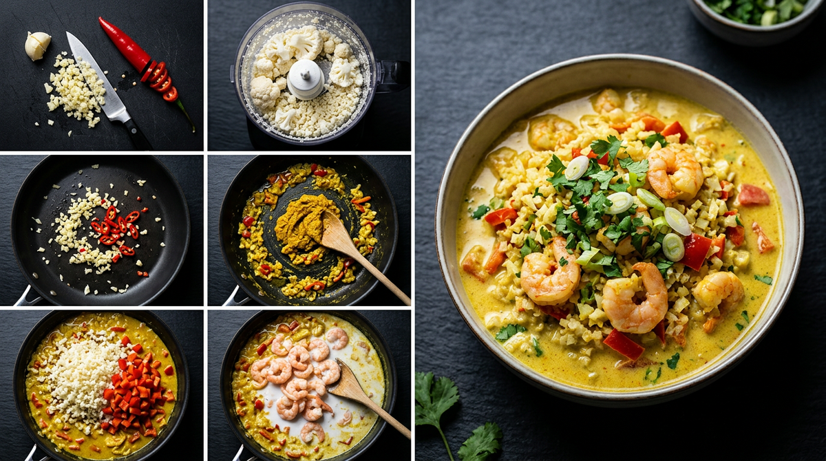 Bloemkoolrijst-curry met garnalen