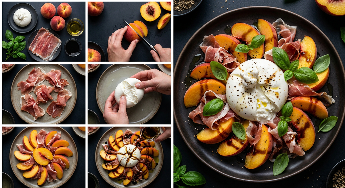 Caprese-variant met burrata, perzik en prosciutto